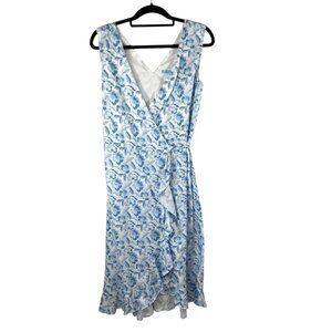 J.Mclaughlin Cerise Linen Blend Wrap Dress‎ Size Medium Blue White Floral Print